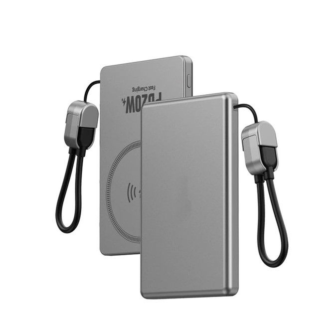 A silver 5000mAh aluminum magnetic power bank with a black charging cable attached. It features a logo on the surface.