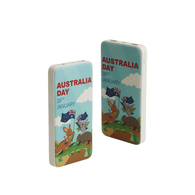 A power bank with a full colour print, featuring kangaroos and Australian Day elements in shades of blue and green.