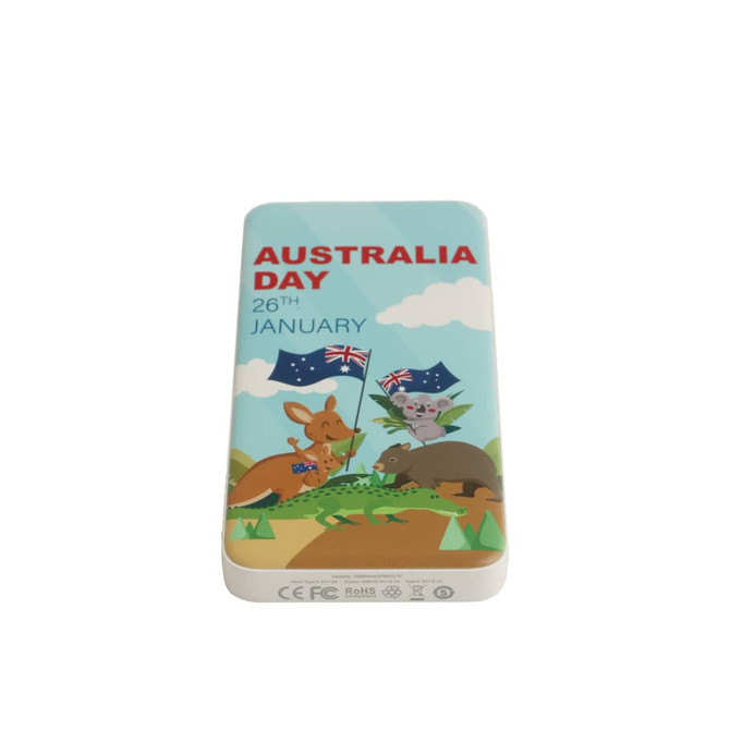 A power bank featuring a colourful design with Australian animals and flags, celebrating Australia Day.