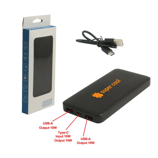 A black power bank with full colour print, featuring USB-A and Type-C ports for charging. Includes packaging and a cable.