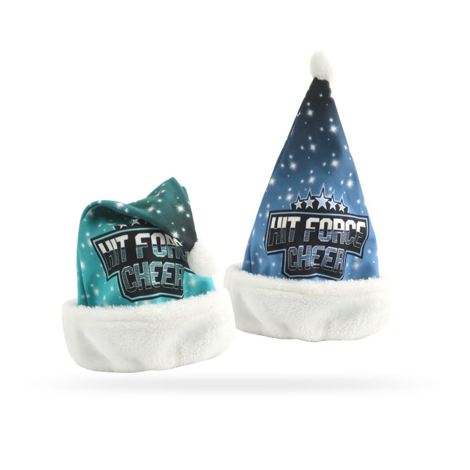 A pair of premium Santa hats in turquoise and blue with a white fur trim and a logo on each.