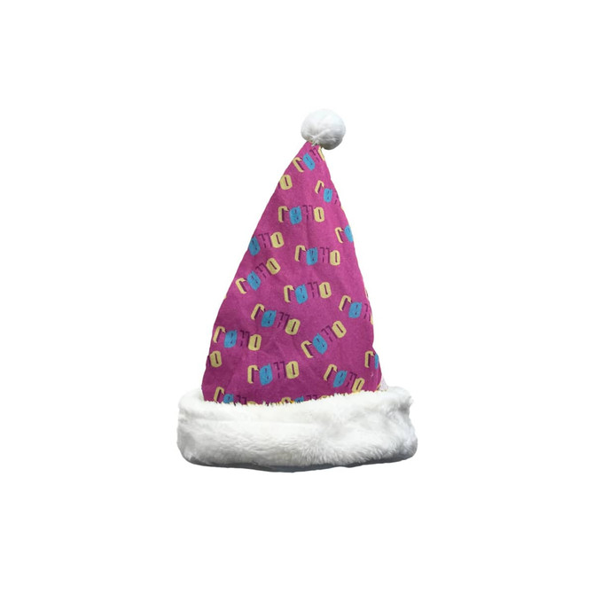 A pink Santa hat with colourful patterns and a white fur trim, featuring a logo.