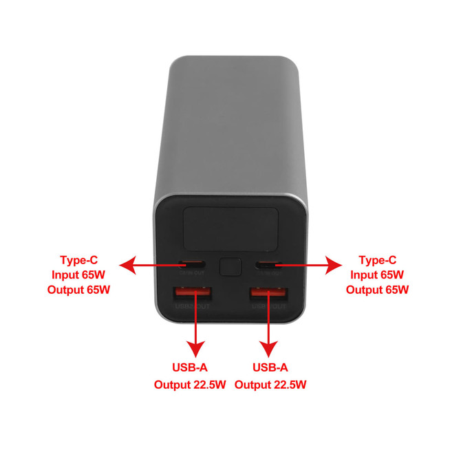 A black power bank with multiple output ports, including Type-C and USB-A, featuring a sleek design.