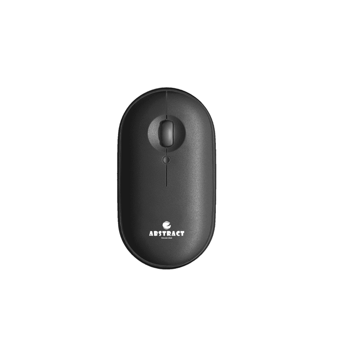 A black wireless travel mouse featuring a scroll wheel and a branding logo on the surface.