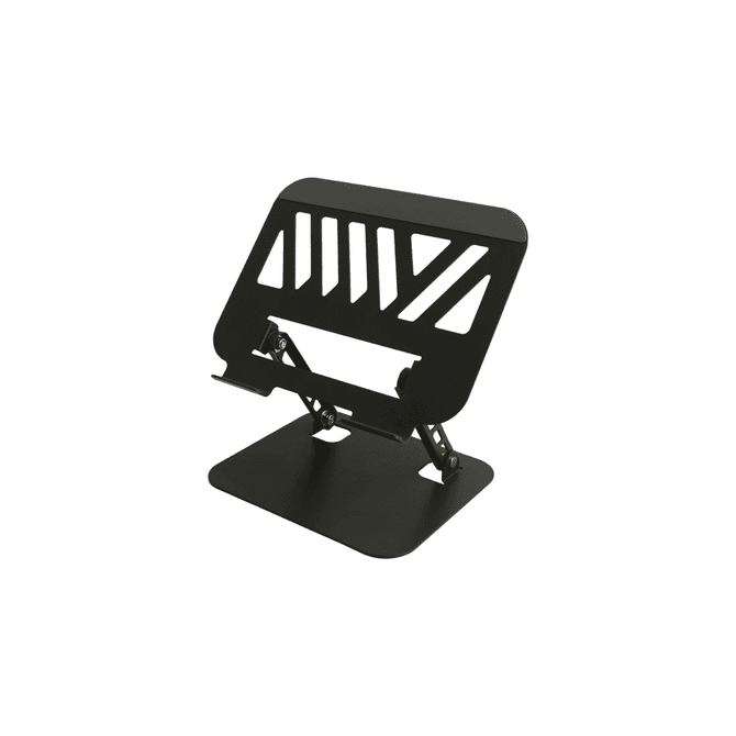 A foldable metal laptop stand in black, featuring a modern design with ventilation cutouts for airflow.