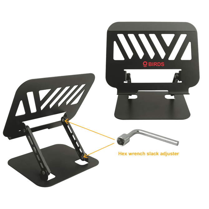 A foldable black metal laptop stand with a hex wrench slack adjuster. It features a modern design and branding.