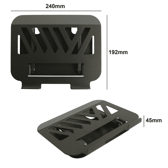 A foldable metal laptop stand in black, displaying its dimensions, with a sleek design and a logo present.