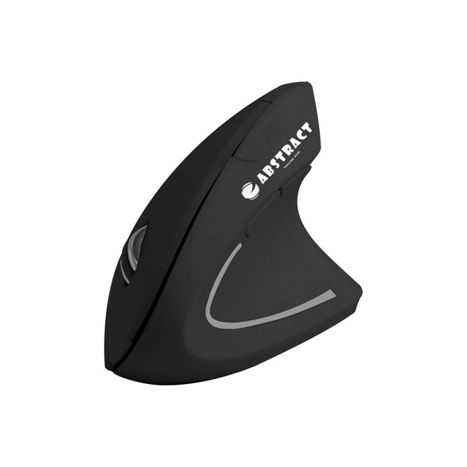 An ergonomic wireless mouse in black with a sleek design, featuring a branding logo.