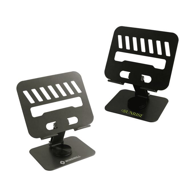 Two foldable metal tablet stands in black, featuring various slots and a base for stability, one with a logo.