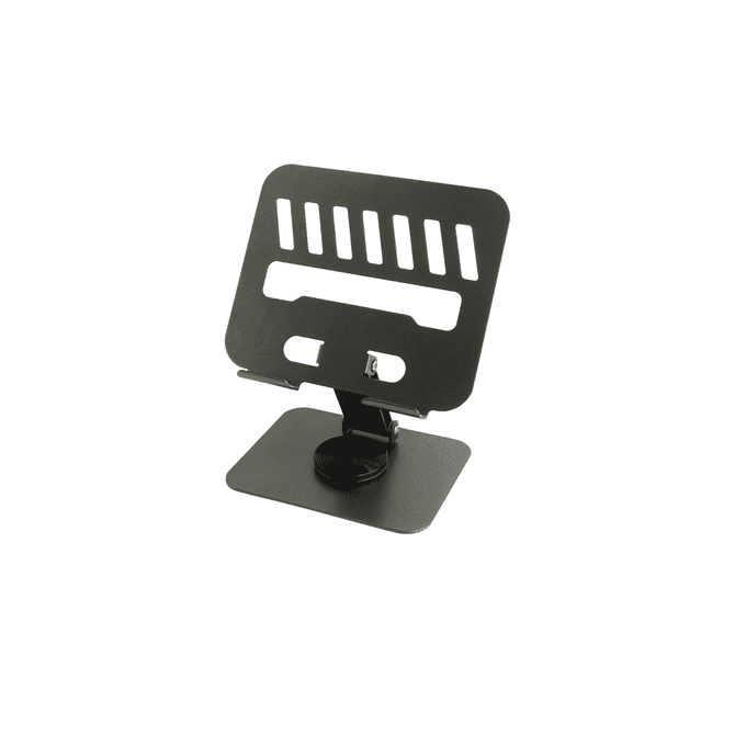 A foldable metal tablet stand in black, featuring a sturdy base and adjustable holder for devices.