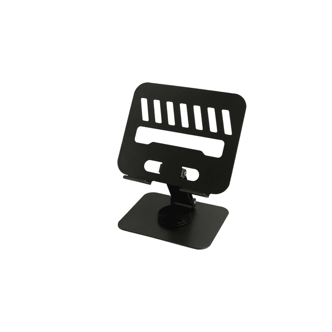 A foldable metal tablet stand in black, featuring adjustable angles and a sturdy base for stability.