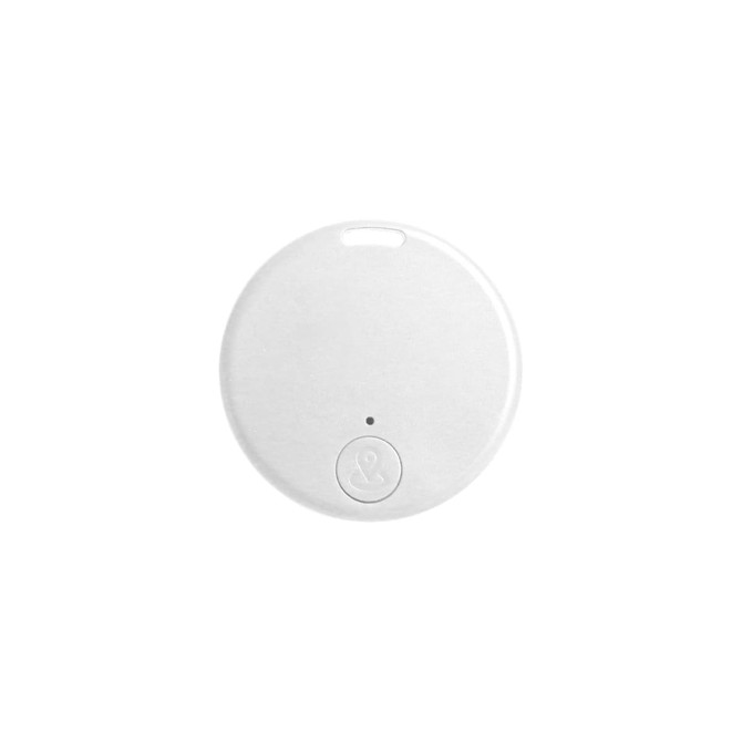 A white circular anti-loss smart tag with a small branding logo and a light indicator.