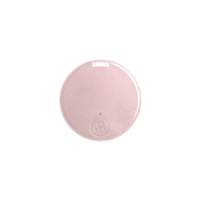 A pink anti-loss smart tag with a circular design and a small indicator light, featuring a logo on the front.