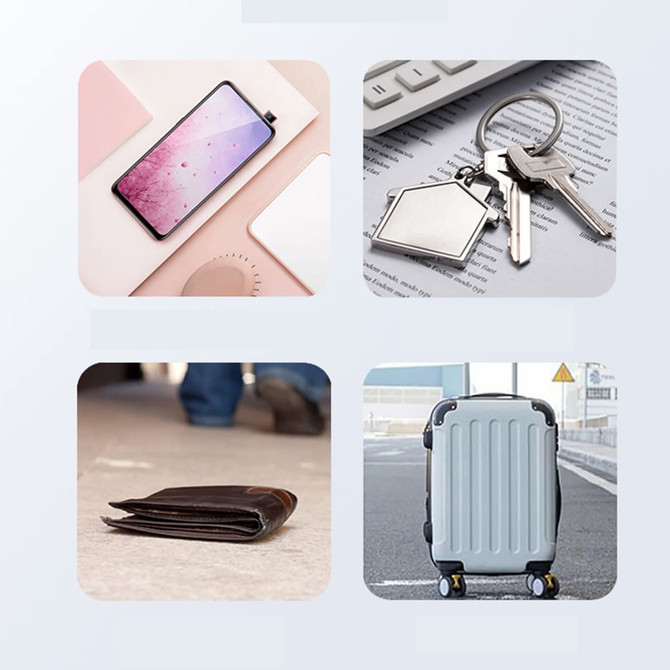 A collection of items including a smartphone, keys, a wallet, and a suitcase, all set on a light background.