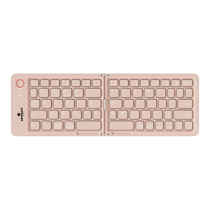 A wireless foldable keyboard in a light pink colour with a compact design and a logo on the side.