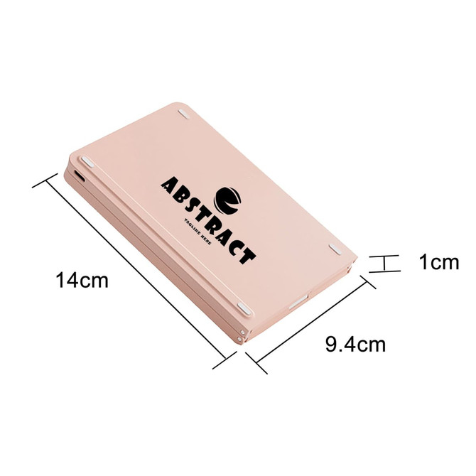 A wireless foldable keyboard in rose gold, featuring a logo, with dimensions of 14cm x 9.4cm x 1cm.