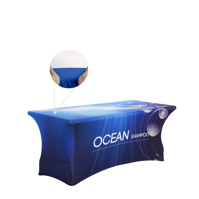A blue stretch table cover designed for an 8ft table, featuring a logo and smooth fabric texture.
