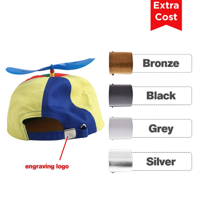 A colourful propeller baseball cap featuring blue, yellow, and red sections, with an engraved logo on the back.