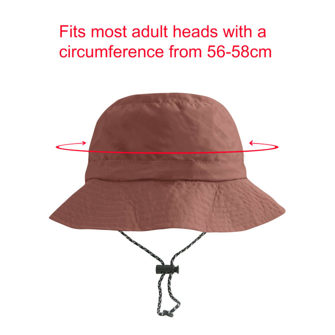 A foldable bucket hat in a warm terracotta colour, featuring a chin strap and a branding logo.