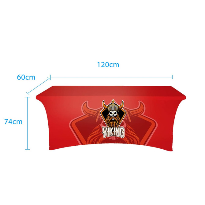 A red stretch table cover with a zipper featuring a Viking design and measurements of 120 cm by 60 cm by 74 cm.