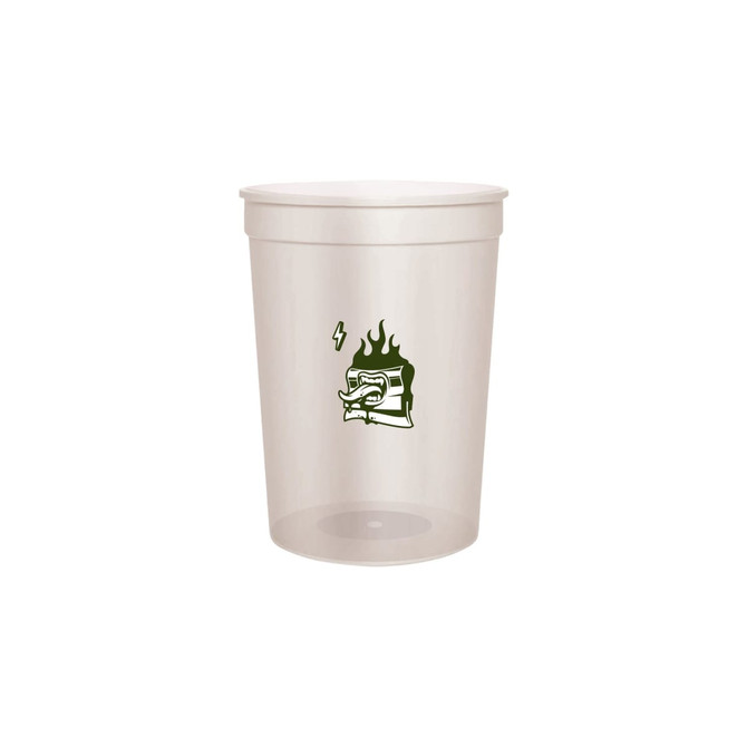 A translucent plastic stadium cup in clear, featuring a graphic design and a logo.