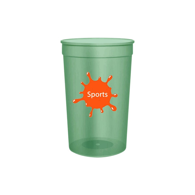 A translucent green plastic stadium cup with a logo featuring an orange splash and the word "Sports."