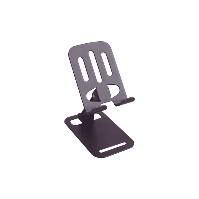 A foldable metal mobile phone stand in dark colour, featuring a sturdy base and adjustable viewing angles.