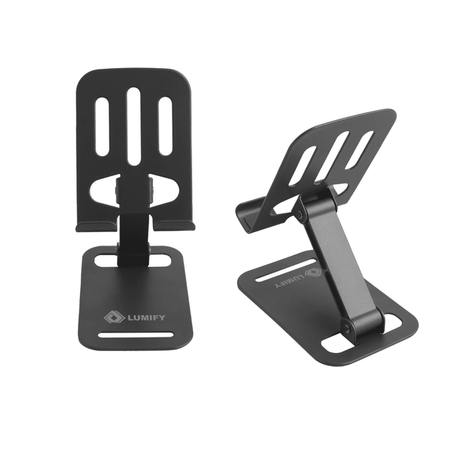 A black foldable metal mobile phone stand with adjustable angles and a logo on the base.
