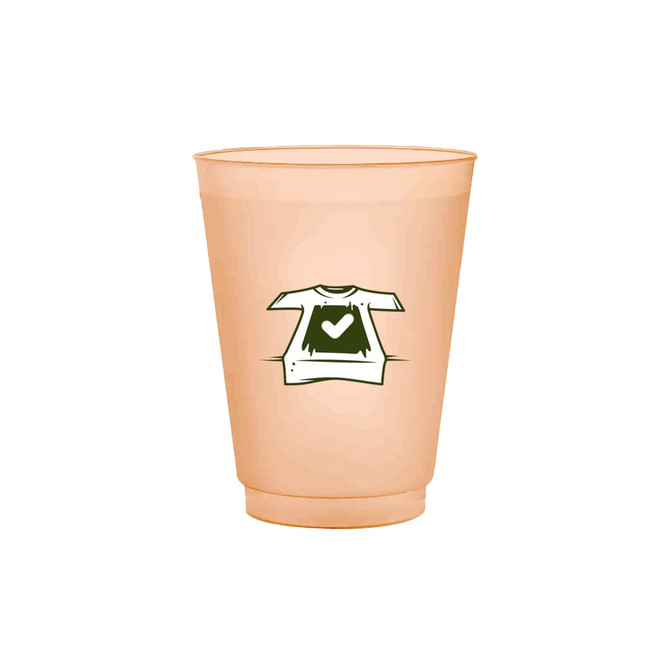 A frosted orange plastic cup featuring a logo. Suitable for various beverages.