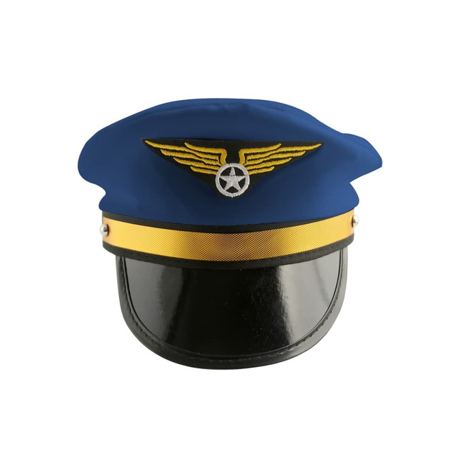 A blue pilot cap featuring a gold winged insignia and a black visor, with a gold band around the base.