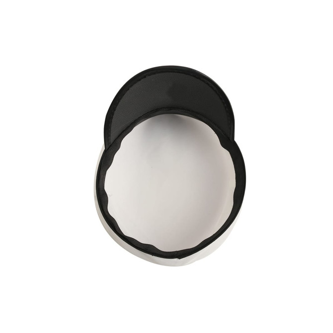 A black cap with a curved brim, featuring a circular opening at the top. The interior is white. It has a logo.