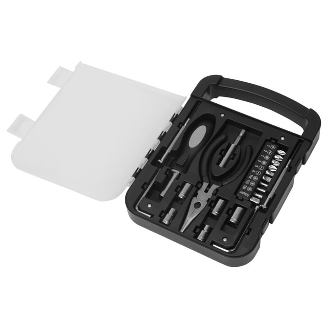 A black and white 22 in 1 hand tool set in a compact case with various tools and attachments.