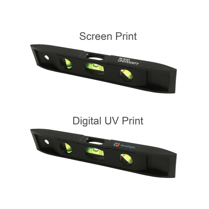 A magnetic torpedo level in black featuring two spirit vials for measuring. Includes a branding logo.