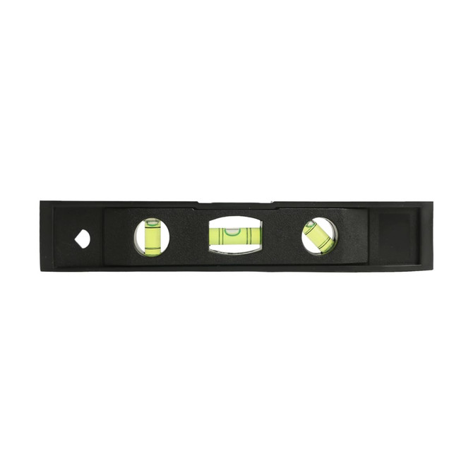 A black magnetic torpedo level featuring three vials with yellow fluid for measuring horizontal and vertical alignment.