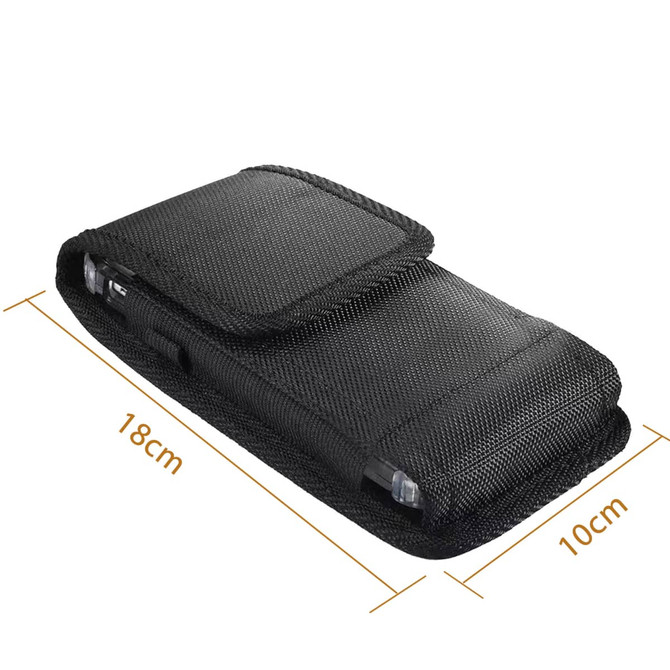 A black phone pouch with a belt clip, measuring 18 cm by 10 cm, featuring a textured fabric surface.