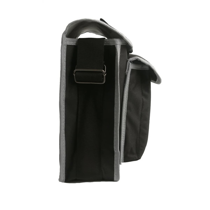 A portable tool bag in black with grey accents, featuring a sturdy strap and open top design.
