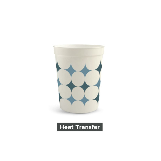 A plastic stadium cup featuring a geometric blue and white design with a logo.