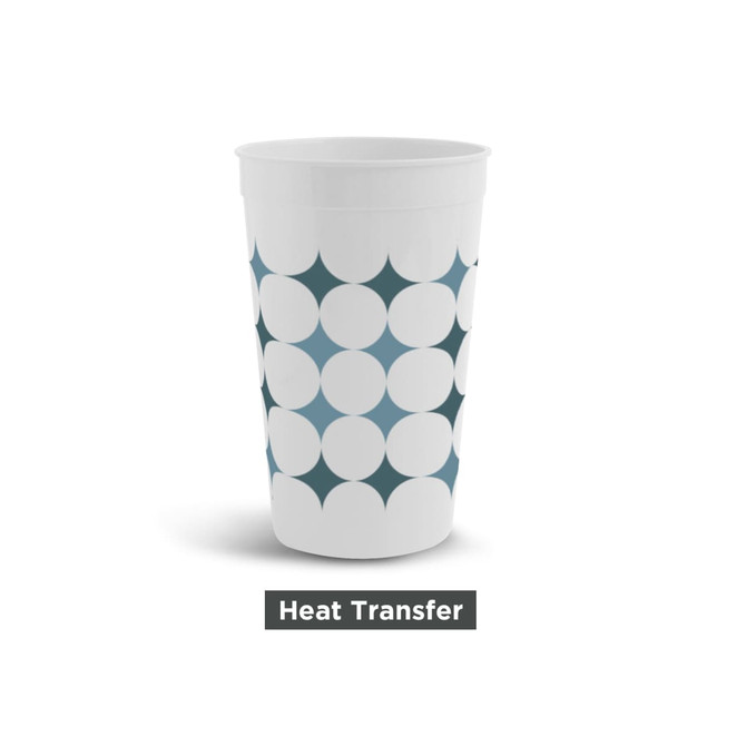 A plastic stadium cup in white featuring a blue geometric design and a logo.