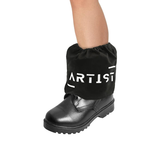 A black boot covered by a green, drawstring boot cover featuring a logo.