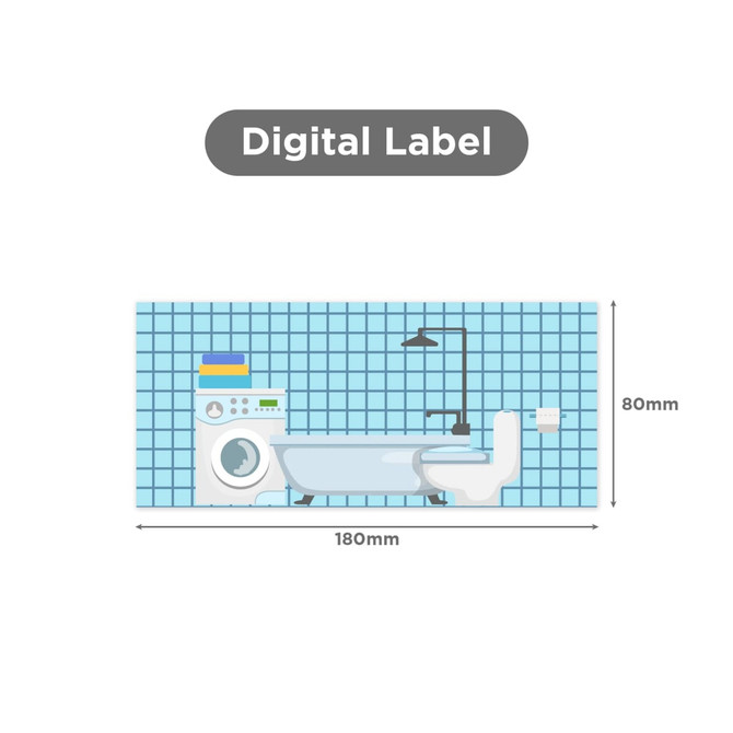 A digitally illustrated bathroom scene featuring a bathtub, washing machine, sink, and shower, with blue tiled walls.