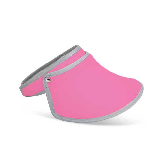 A pink visor hat with a grey trim, featuring a logo and designed for sun protection.