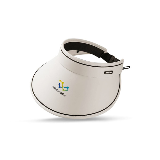 A wide-brim sun visor hat in white, featuring a logo on the front and a black adjustable strap.