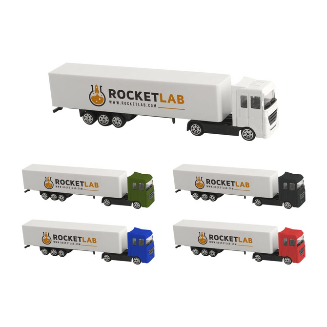 A collection of four miniature trucks in red, blue, green, and white, with a logo on the side of each.