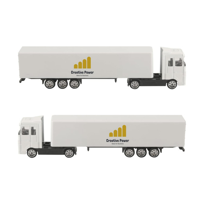 A novelty truck toy model in white and black, featuring a logo on the side. Two units are displayed.