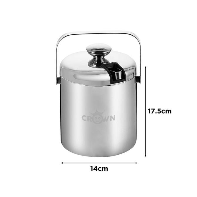 A stainless steel ice bucket with a lid and tongs, featuring a handle and a logo. Dimensions are 17.5 cm tall and 14 cm wide.