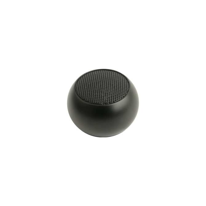 A round, black mini bass wireless speaker with a textured top surface, featuring a logo on the side.
