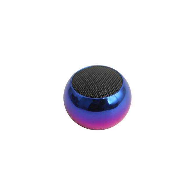 A small, round wireless speaker in iridescent blue and purple, featuring a textured mesh top and a logo.