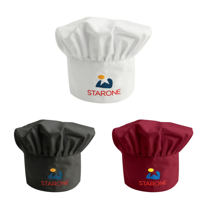 A set of three adult chef hats in white, dark grey, and burgundy, featuring a logo on the front.