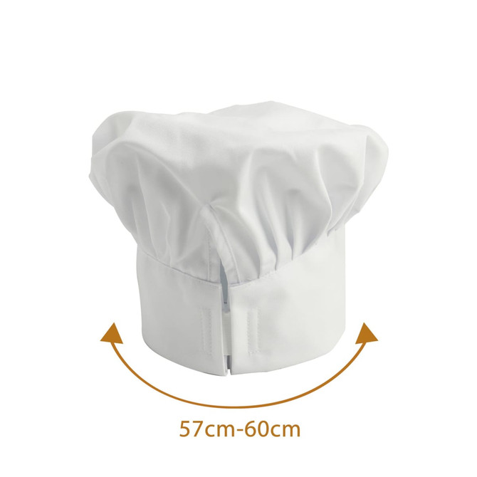 A white adult chef hat with an adjustable size of 57cm to 60cm, featuring a logo.
