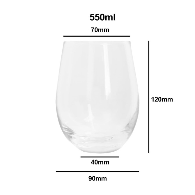 A clear, egg-shaped glass cup with a 550ml capacity, measuring 120mm in height and 90mm in width.